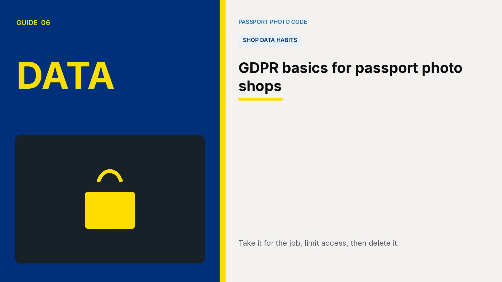 Cover illustration of a lock, for shop habits around passport photo files. Article: GDPR basics for passport photo shops.