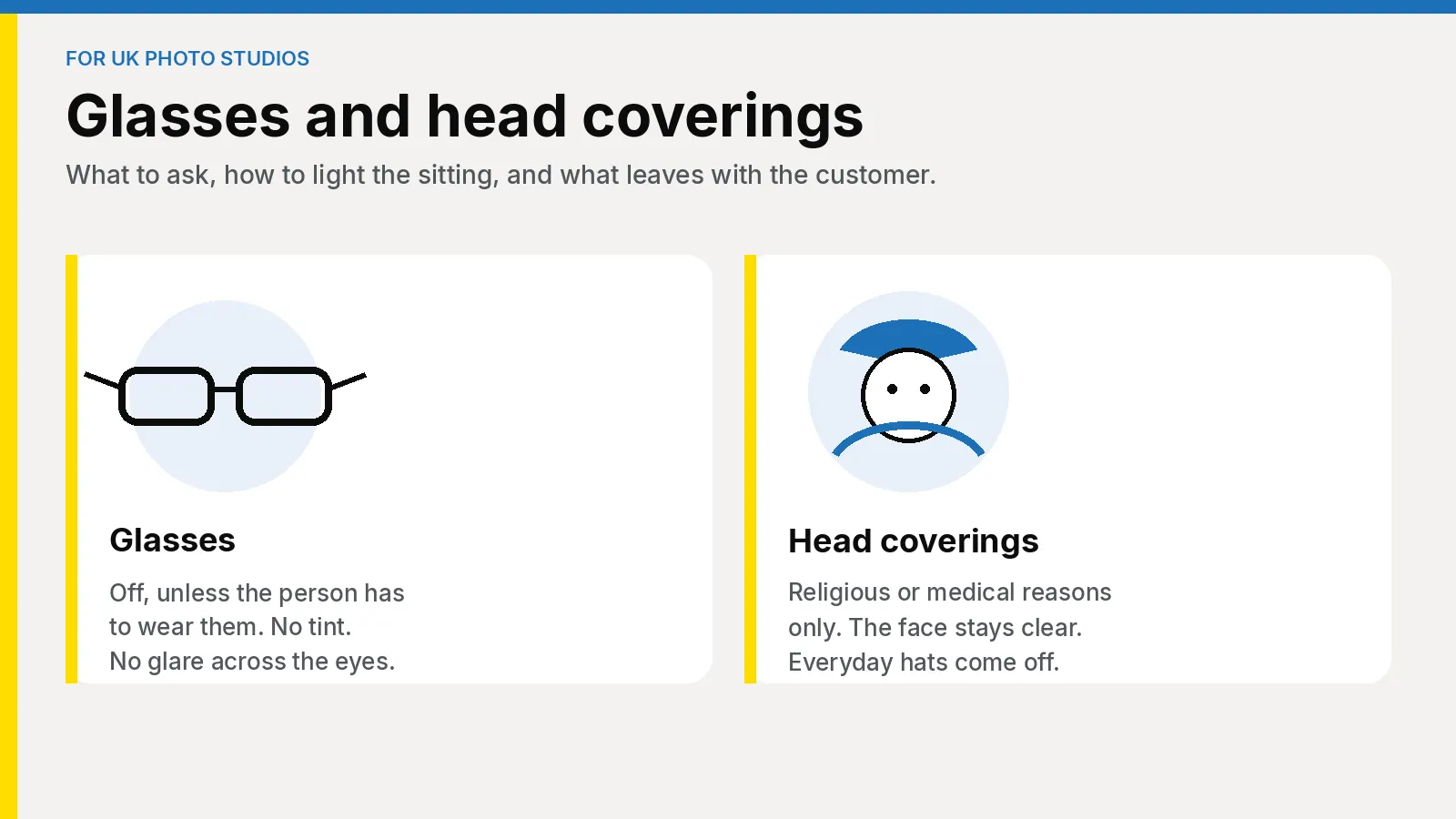 Cover illustration with two cards: glasses that come off unless the person must wear them, and a head covering with the face left clear. Article: Glasses and head coverings: how UK photo shops should take passport photos.