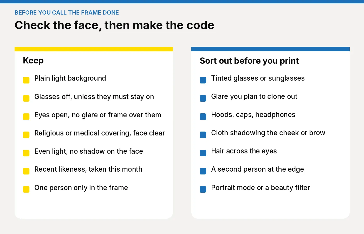 Two-column checklist for a UK passport photo at a shop. Keep a plain background, glasses off unless required, a clear face and even light. Sort out tinted glasses, glare, everyday hats, cloth shadows, hair across the eyes and filters before printing. Article: Glasses and head coverings: how UK photo shops should take passport photos.