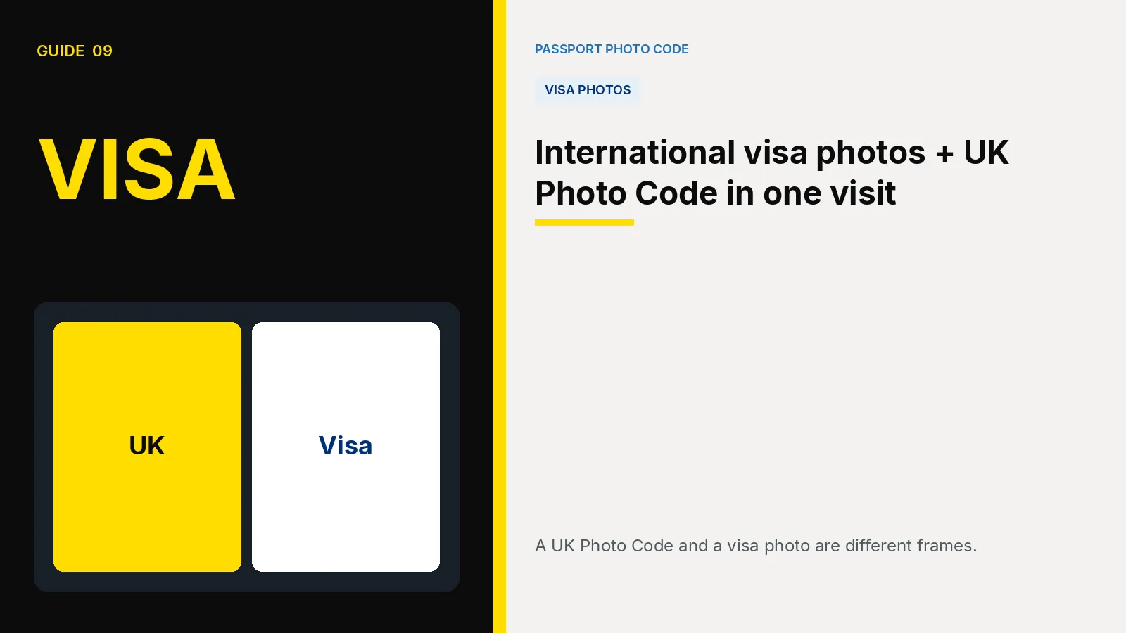 Cover illustration of a UK photo frame beside a separate visa photo frame. Article: International visa photos + UK Photo Code in one visit.