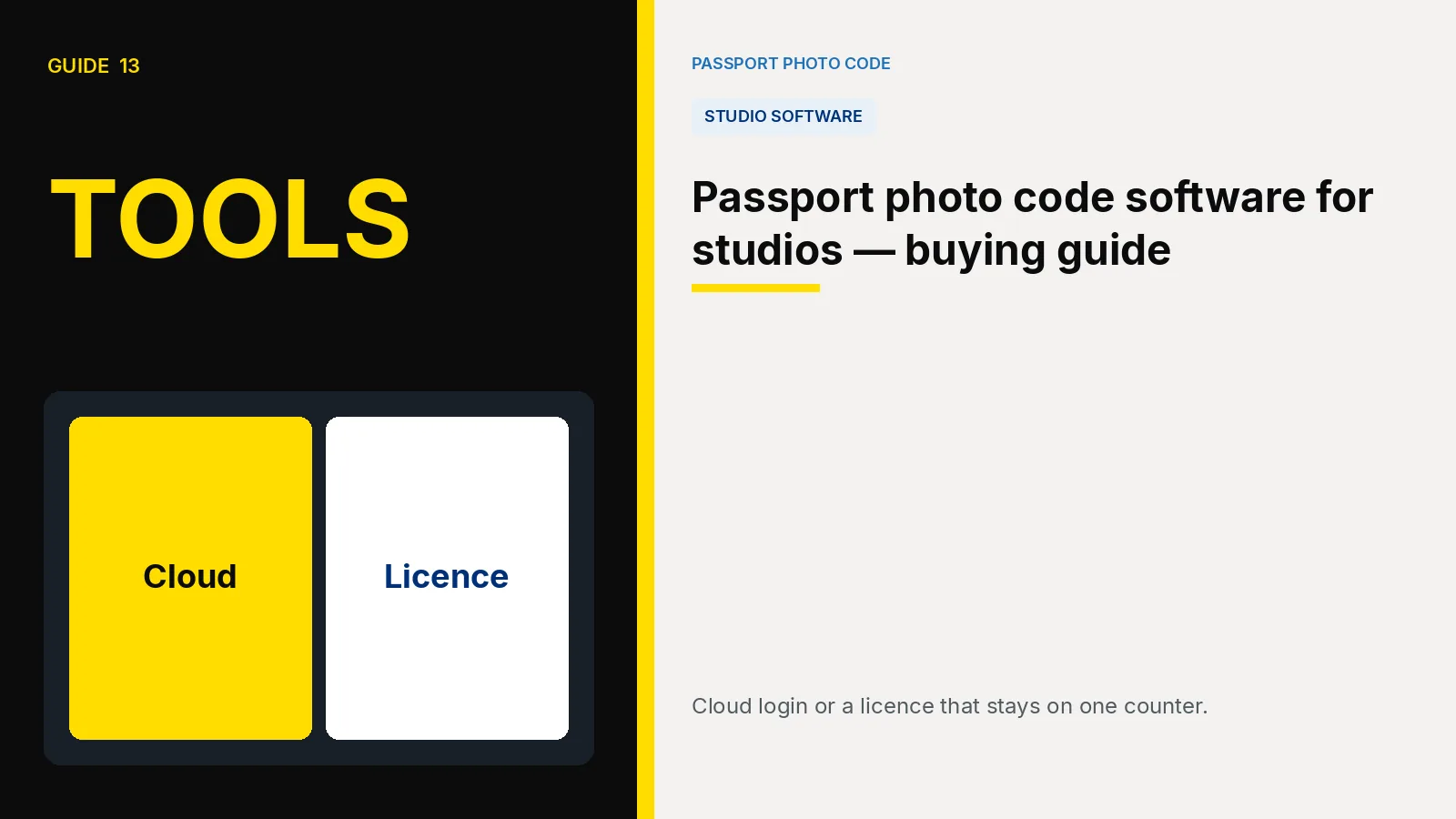 Cover illustration comparing a cloud login with a per-shop licence. Article: Passport photo code software for studios — buying guide.