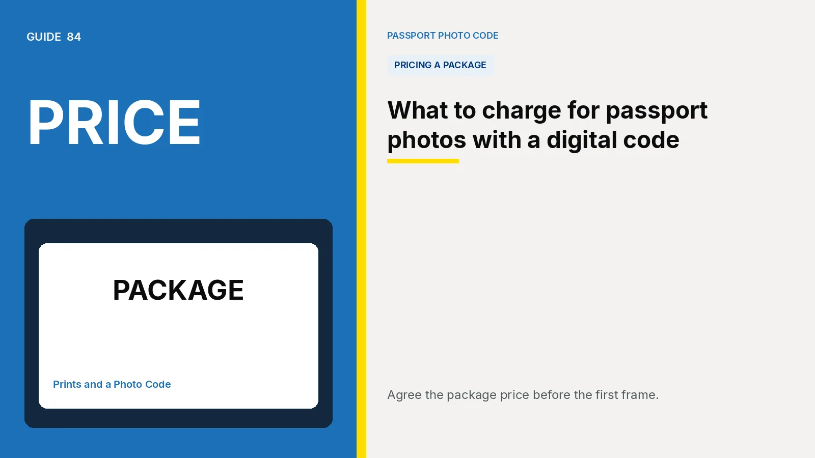 Cover illustration of a price card for prints and a Photo Code. Article: What to charge for passport photos with a digital code.